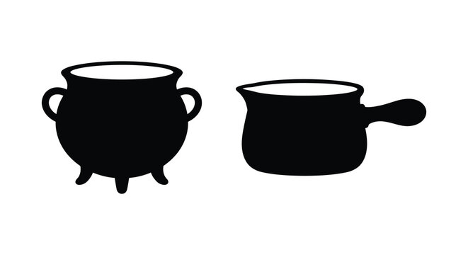 Two black cookware silhouettes a cauldron and a saucepan against a white background silhouette