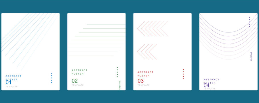 Set of creative abstract poster templates with diagonal lines and geometric arrow motif patterns.
