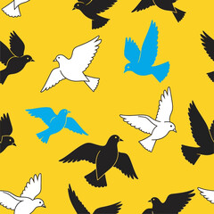 Obraz premium Seamless pattern of flying doves in black white and blue.