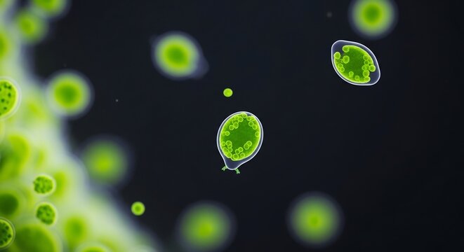Green microscopic organisms floating in dark fluid under microscope