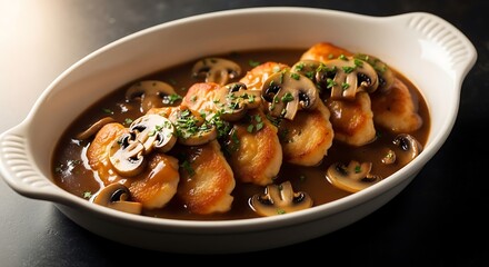 Fototapeta premium Delicious chicken stew with sliced mushrooms and fresh herbs served in a white ceramic baking dish on a table. chicken marsala