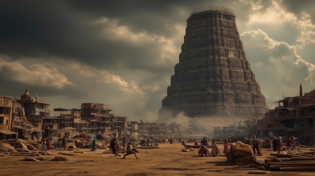 The towering Babel project rises above a busy construction site as countless workers labor toward the clouds, illustrating humanity&rsquo;s collective ambition and the timeless need for humility before God.