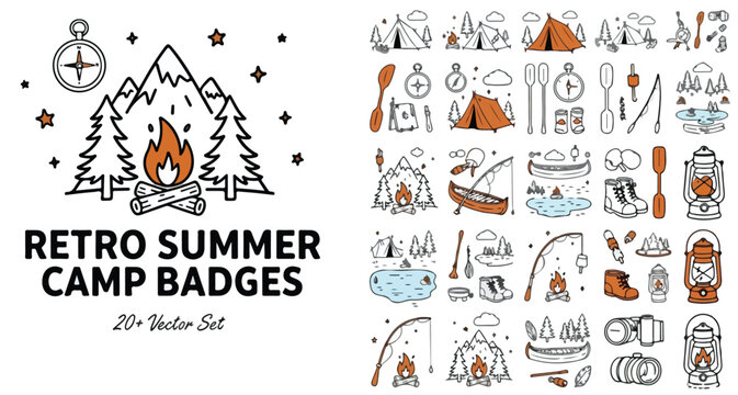 Retro summer camp badges, 20+ vector set of outdoor adventure icons, vintage wilderness camping emblems with mountains and campfire