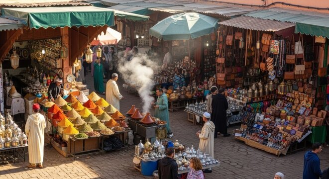 Spice market stall in traditional moroccan souk with people