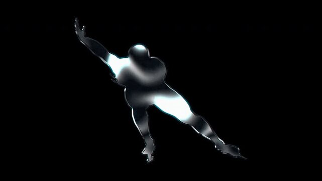 Silver metallic speed skater frontal view silhouette. Alpha channel. Seamless loop video.