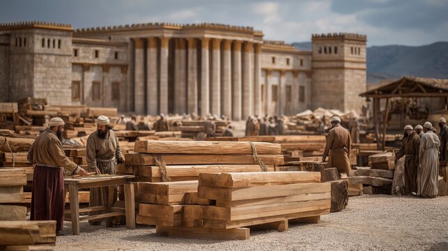 The unfinished Temple rises above Jerusalem&rsquo;s busy construction yard as workers transport stone and timber, while officials carefully record supplies for a project devoted to worship and lasting faith