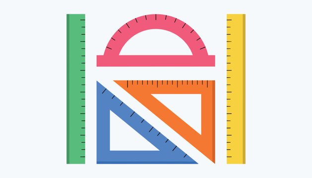 Colorful ruler protractor and triangle on white background geometry measurement vector illustration
