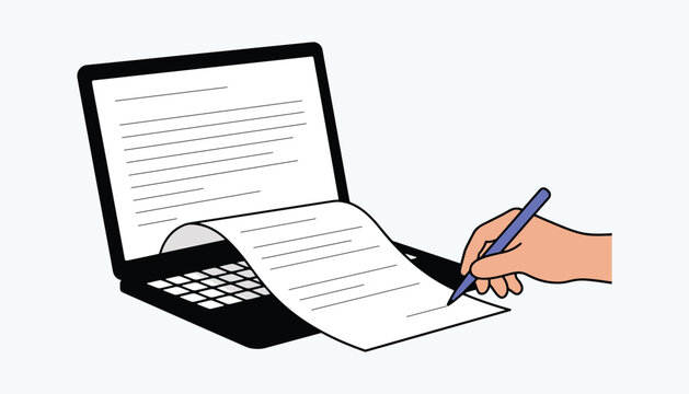 Hand holding blue pen signing document coming out of laptop screen computer vector illustration isolated on white background