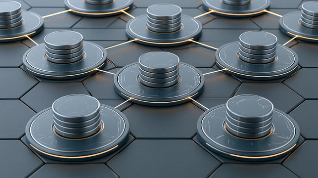 Abstract 3D render of a distributed database network with glowing connections on a dark geometric floor.