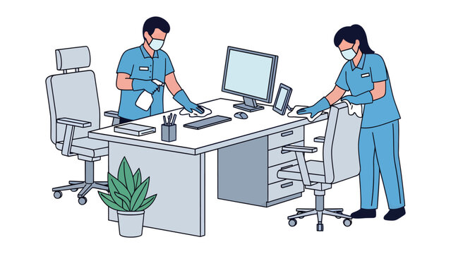 Office Cleaning Crew: Two individuals in blue uniforms and face masks meticulously clean an office desk and chairs, using spray bottles and cloths to ensure a hygienic workspace.