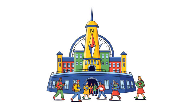 Educational Compass Building: A colorful illustration depicts an abstract building resembling a compass, with small figures walking towards its entrance.
