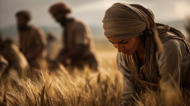 In a sunlit grain field, young Ruth humbly gathers the leftover grain behind the harvesters, demonstrating diligence, humility, and faithful provision in a season of new beginnings.
