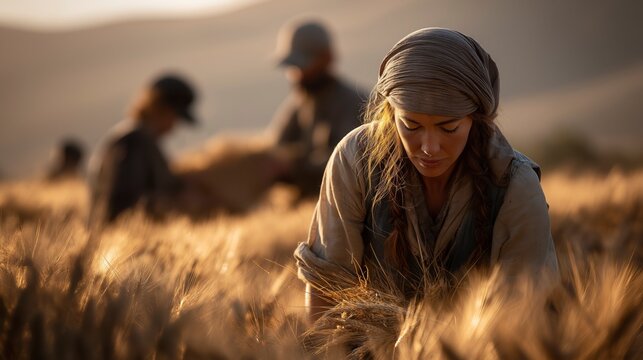 In a sunlit grain field, young Ruth humbly gathers the leftover grain behind the harvesters, demonstrating diligence, humility, and faithful provision in a season of new beginnings.
