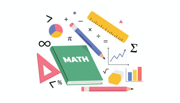 Math book with colorful school supplies and mathematical symbols pencil ruler protractor eraser vector illustration isolated on white background