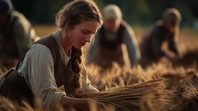 In a sunlit grain field, young Ruth humbly gathers the leftover grain behind the harvesters, demonstrating diligence, humility, and faithful provision in a season of new beginnings.
