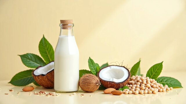 Plant Based Milk Alternative in Glass Bottle with Fresh Coconut Almonds and Soybeans