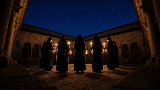 Monks Torches Night Blue Sky Cathedral Courtyard Loop