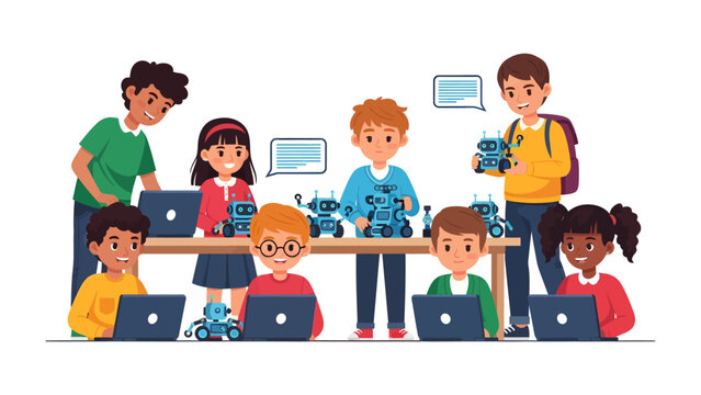 Future Creators: A group of diverse children are engrossed in a robotics workshop, excitedly building and programming small robots, fostering innovation and learning through technology.