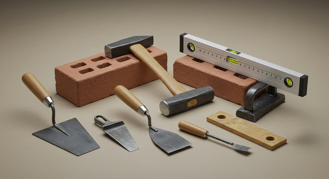 Collection of masonry tools and red bricks, representing the essential equipment for a builder's craft.Concept of construction work and craftsmanship.