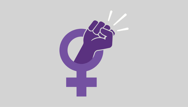 Purple female symbol with raised fist and white lines feminist vector illustration isolated on grey background