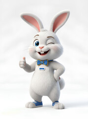 Fototapeta premium Happy cartoon rabbit with blue bowtie giving thumbs up gesture
