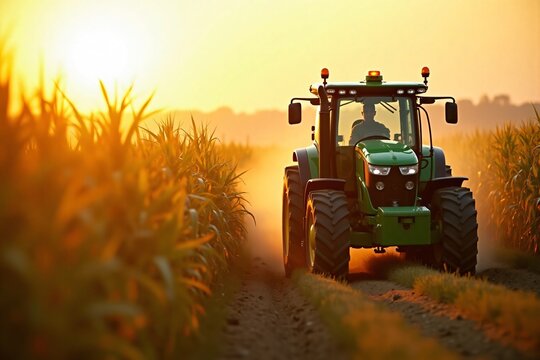 Green tractor driving through cornfield in sunset light symbolizing modern agriculture and farming technology with farmer on dusty rural pathway