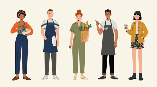 Diverse group of people working in food service and retail professions wearing aprons and holding groceries and coffee