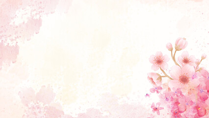 Watercolor Pink Cherry Blossom Floral Background with Soft Pastel Texture and Copy Space  Elegant watercolor floral background featuring delicate pink cherry blossom flowers and soft pastel  © HeriJuli