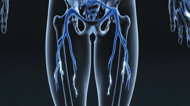 The human body displays a detailed network of veins and arteries in a medical illustration.