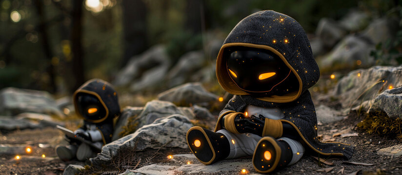 Tiny figures sitting in a forest.