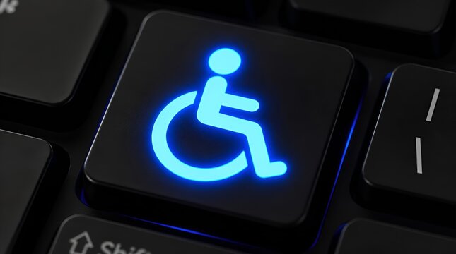 Glowing blue wheelchair accessibility icon on black computer keyboard.