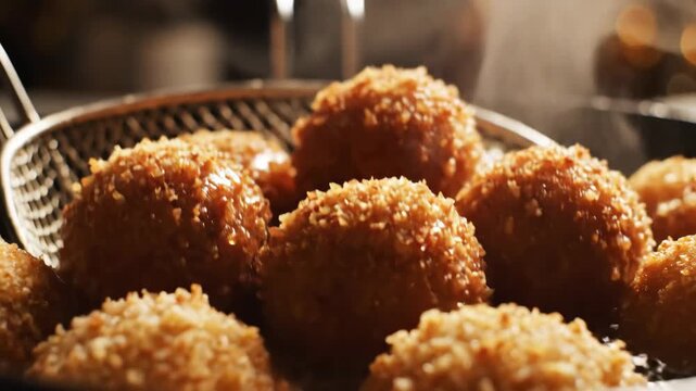 Dutch meat croquettes frying in hot oil and being lifted with a metal strainer