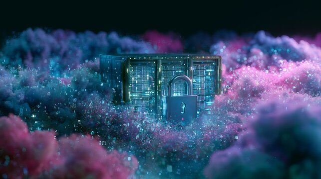 A futuristic digital illustration of a secure server surrounded by vibrant purple and blue clouds and data particles