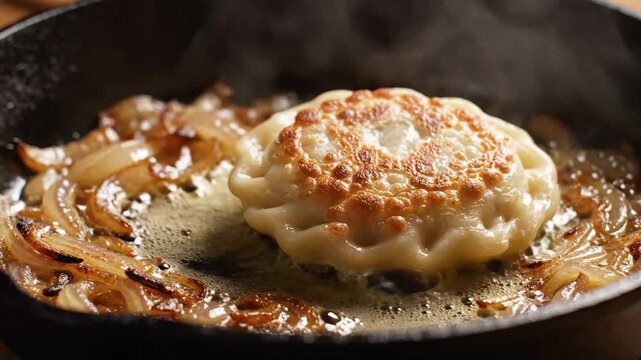 Flipping a traditional pierogi in a hot cast iron skillet with caramelized onions