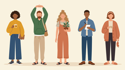 Obraz premium Diverse group of young adults standing together holding coffee and plants, representing community and lifestyle
