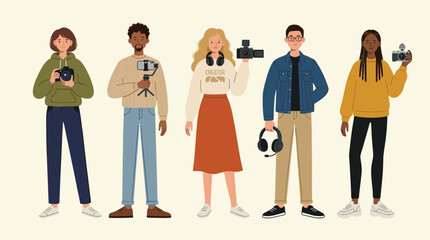 Fototapeta premium Diverse group of content creators holding cameras and video equipment ready to capture moments and share stories online