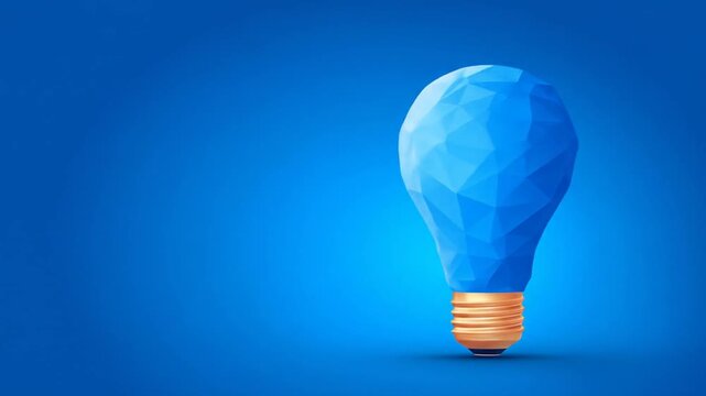 A geometric lightbulb, vibrant blue with a textured surface, sits against a gradient blue background
