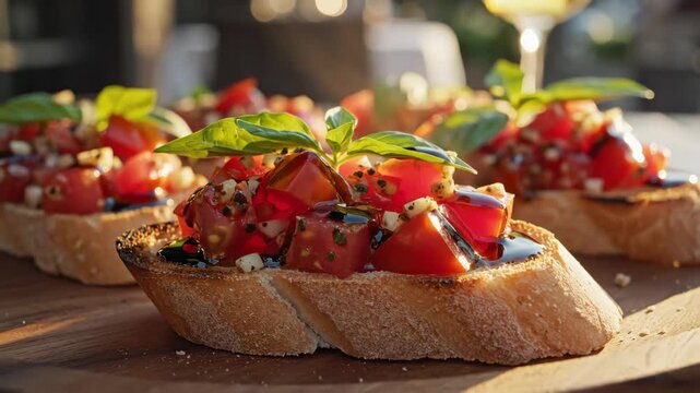 Fresh tomato bruschetta on toasted baguette with basil and balsamic drizzle.