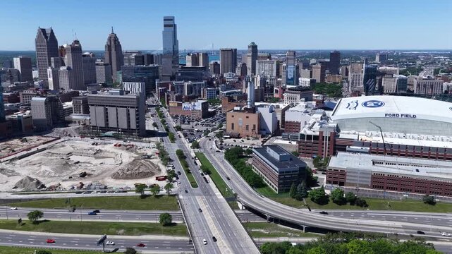 Detroit Michigan Downtown Skyline Aerial View with Ford Field