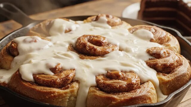 Freshly baked cinnamon rolls with melting cream cheese frosting in a cast iron skillet