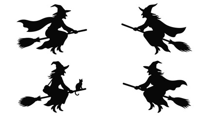 Fototapeta premium Witches On Broomsticks In Silhouette Against A White Background