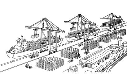 Obraz premium Busy Cargo Port Terminal Sketch with Twin Cranes, Container Stacks, Forklift, Ships, and Railway for Logistics, Shipping, and Trade Design Concepts