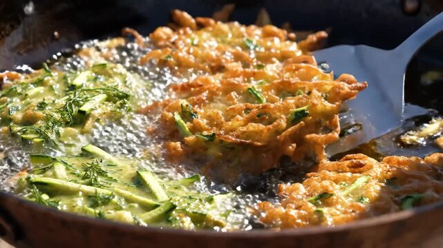 Frying traditional Greek zucchini fritters in bubbling hot oil close up
