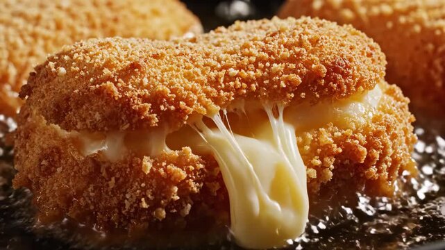 Golden breaded cheese croquette frying in hot bubbling oil as melted cheese oozes out