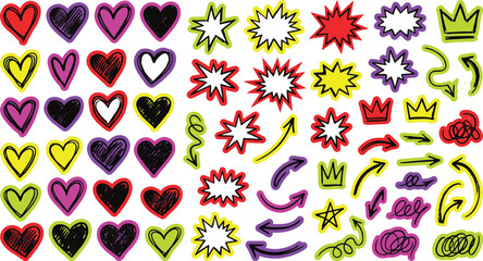 Hand drawn colorful pop art doodle collection with neon bright hearts crowns speech bubbles explosions and doodle arrows vector illustration © Abul