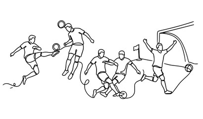 Fototapeta premium Soccer Football Players Action One Line Drawing Set with Kicking, Jumping, Heading, Tackling, and Goalkeeping for Sports and Athletic Design Concepts