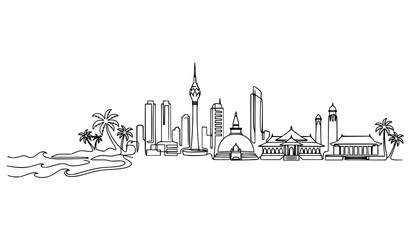 Naklejka premium Kuwait City Skyline One Line Drawing with Mosque, Tower, Palm Trees, and Waterfront for Travel, Architecture, and cityscape Design Concepts
