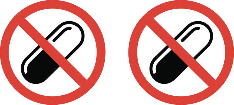 Drugs, Say no to drugs, vector icon set, clean modern flat design collection featuring prohibition symbols over drug items representing prevention awareness and public health safety.