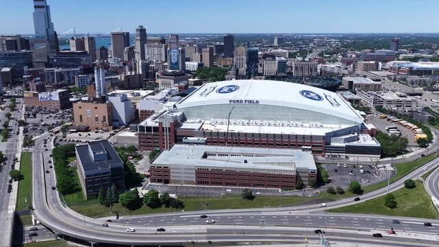 Detroit Michigan Downtown Skyline Aerial View with Ford Field