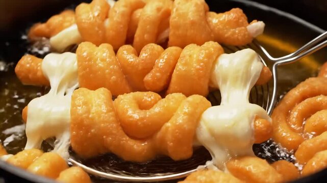 Golden dough wrapped cheese sticks deep frying in bubbling oil as melted cheese oozes